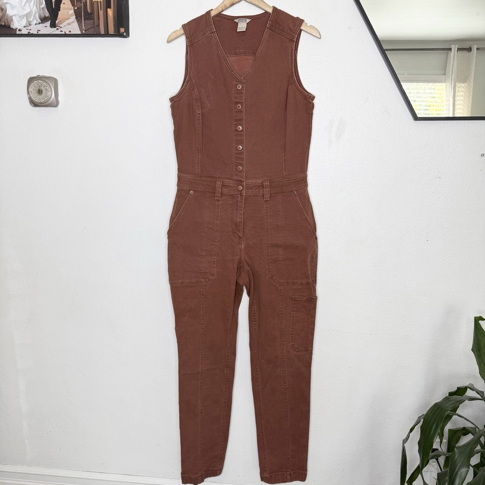 Duluth Trading Co Rust Brown Sleeveless Utility Jumpsuit Snap Front Women's 8